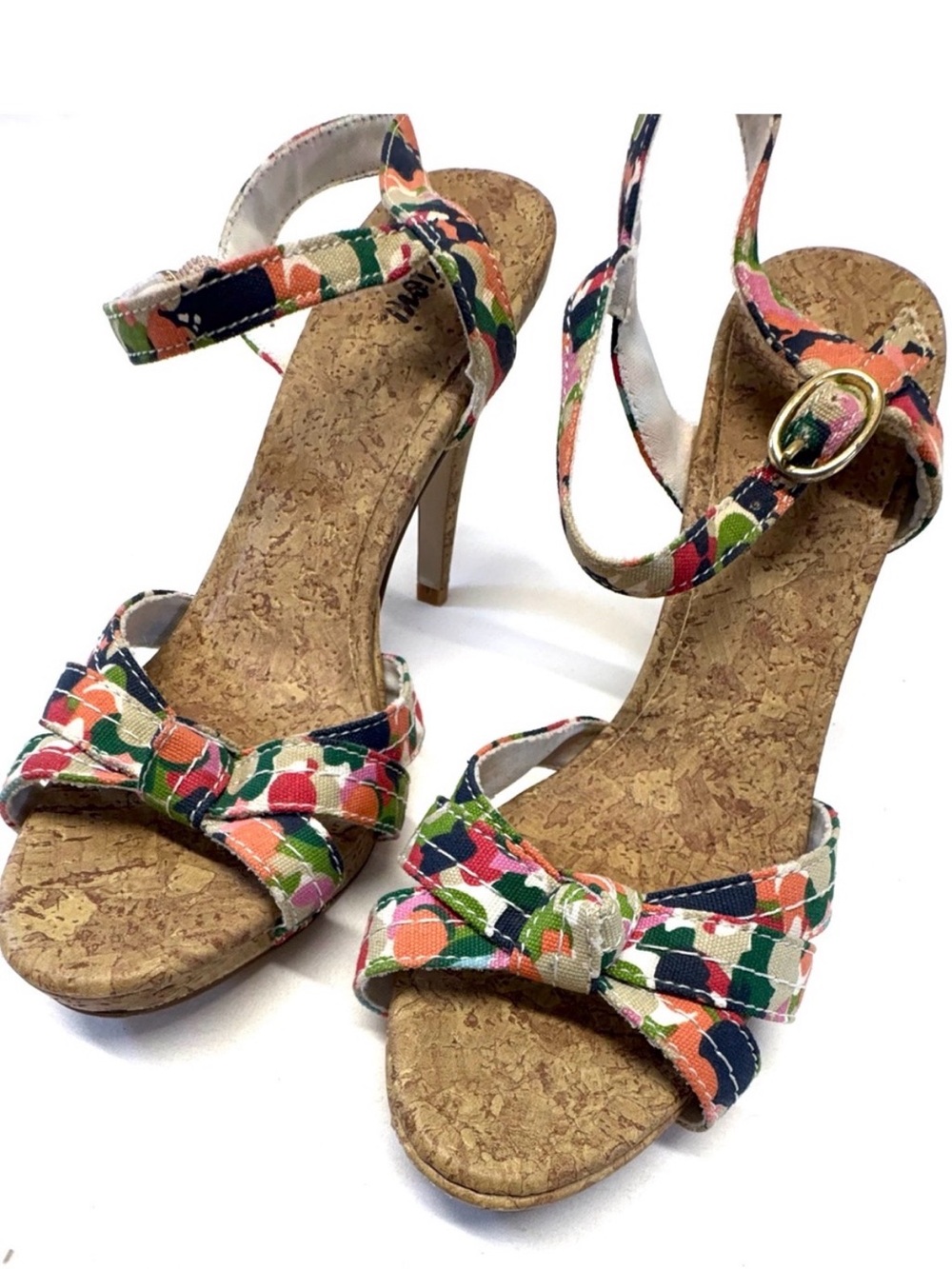 Fioni Floral Camo Strappy Cork Wedge Sandals Size 6.5